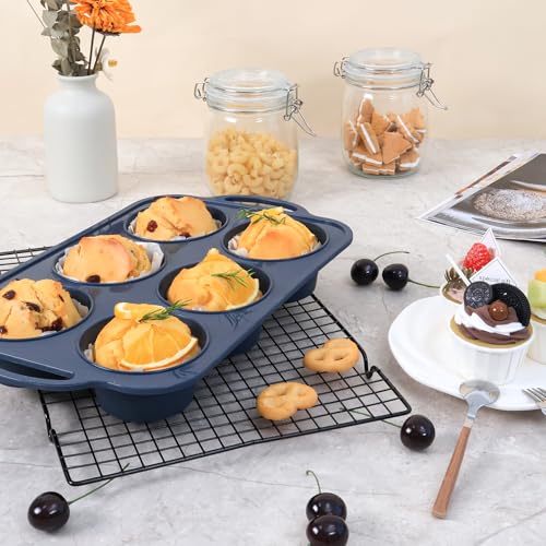 Vnray Jumbo Silicone Muffin Pan with Metal Frame, Non Stick Silicone Cupcake Pan with Handles 6 Cup, BPA Free Silicon Muffin Tin Tray Extra Large for baking, egg bites, Cupcake Mold Grey