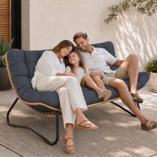 SWITTE Outdoor Patio Loveseat, Double Papasan Chair with Cushion, Charcoal