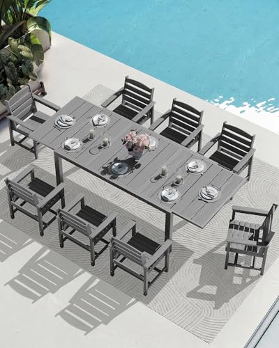 SERWALL 9-Piece Outdoor Dining Set, 60" - 83" Expandable Outdoor Dining Table and 8 HDPE Chairs, All Weather HDPE Outdoor Furniture Set for Backyard, Garden, Grey