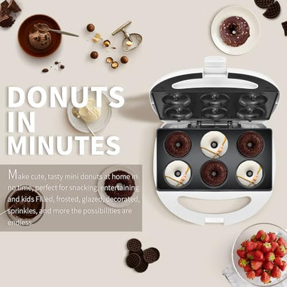 DSP Mini Donut Maker - Non-Stick, Cool Touch Electric Doughnut Machine for Mini Donuts - Perfect for Breakfast, Snacks & Desserts (White, 6 Donuts)