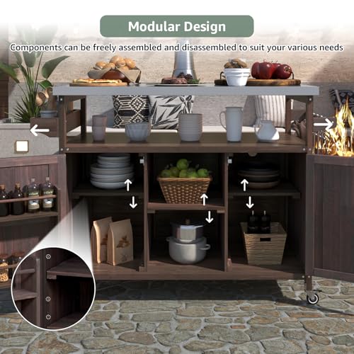 Waully 50.25" Outdoor Kitchen Island with Wheels for Food Prep, Strage, Bar, Rolling Outdoor Grill Table for Outside, Outside Cooking Table, Grill Carts, Cooking Station, Modular, Solid Wood, Brown
