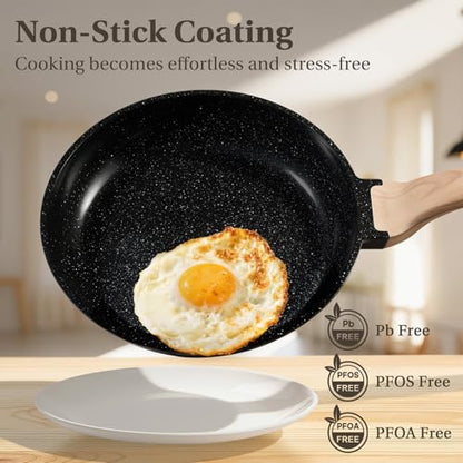 NEWBULIG 25-Piece Nonstick Cookware Set, Granite Pots and Pans with Lids, Induction Compatible Nonstick Cooking Set with Frying Pans & Saucepans, Black