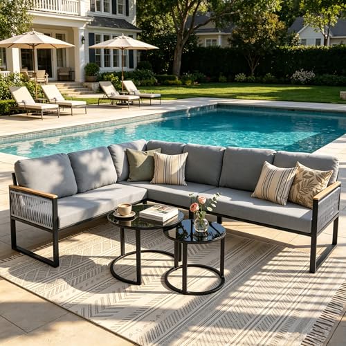 7 Piece L-Shaped Outdoor Sectional Wicker Sofa with Nesting Coffee Table