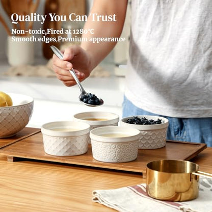 DOWAN Ramekins Oven Safe with Lids 4 oz, Charcuterie Boards Bowls Set for Creme Brulee, Souffle, Dipping Sauces, Custard Cups Ceramic Food Storage Containers, Set of 6, Beige