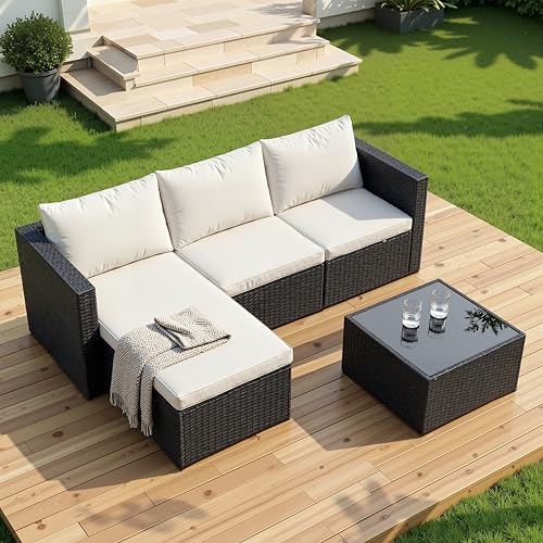 Shintenchi Outdoor Sectional Patio Furniture Set 4-Piece, All-Weather PE Rattan Sofa Couch with Cushions & Storage Coffee Table for Yard, Garden, Porch, Poolside (Beige)