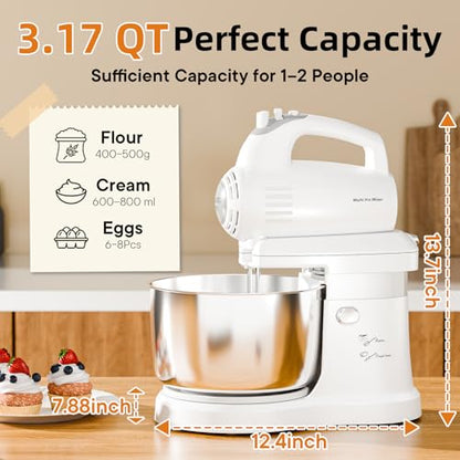 Vikaluz 3.2QT 2-in-1 Stand Mixer, Electric Kitchen Mixer with Auto-Rotating Bowl & Tilt-Head, 5-Speed 250W Turbo Baking Machine for Beginners with Beater & Dough Hook for Cookie, Bread, Cake (White)