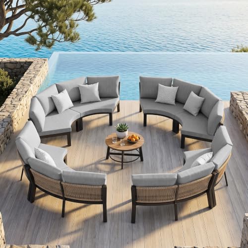 Oasbira Luxury Patio Furniture Set for 12 People, 9-Piece Curved Patio Conversation Sets with Woven Rope & Modular Coffee Table, Half Moon Outdoor Furnitrue Set for Deck, Garden, Gray