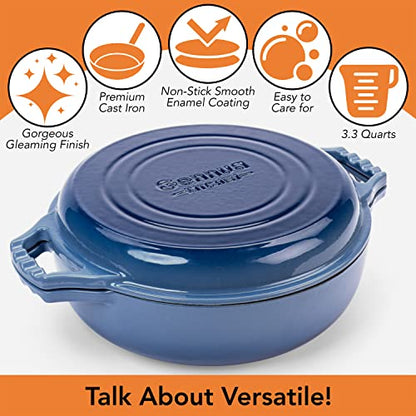 2-in-1 Enameled Cast Iron Braiser Pan with Grill Lid - 3.3-Quart Small Dutch Oven, Serves as Both Casserole & Stovetop Grill Pan, Cast Iron Cookware