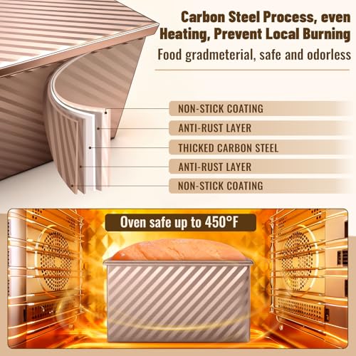 BAISHUN 3 Pack Pullman Loaf Pans with Lids, 2.2LB 1LB 0.5LB Bread Pans, Non-stick Carbon Steel Bread Pans for Homemade Sandwich and Baking Sourdough Bread, Corrugated Toast Mold, Golden