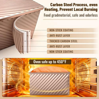 BAISHUN 3 Pack Pullman Loaf Pans with Lids, 2.2LB 1LB 0.5LB Bread Pans, Non-stick Carbon Steel Bread Pans for Homemade Sandwich and Baking Sourdough Bread, Corrugated Toast Mold, Golden