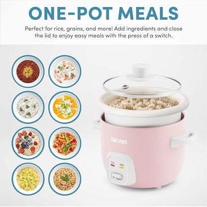 AROMA® Mini Rice Cooker, 2-Cup (Uncooked) / 4-Cup (Cooked), Grain Cooker, Soup Maker, Oatmeal Cooker, Auto Keep Warm, 1 Qt, Pink, ARC-302NGP