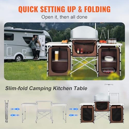 VEVOR Camping Kitchen Table, Folding Outdoor Cooking Table with Storage Carrying Bag, Aluminum Cook Station 3 Cupboard & Detachable Windscreen, Quick Set-up for Picnics, BBQ, RV Traveling, Brown