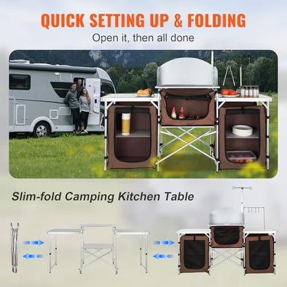 VEVOR Camping Kitchen Table, Folding Outdoor Cooking Table with Storage Carrying Bag, Aluminum Cook Station 3 Cupboard & Detachable Windscreen, Quick Set-up for Picnics, BBQ, RV Traveling, Brown