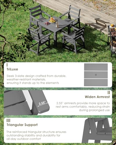 GREENVINES 5-Piece-Outdoor-Dining-Set | HDPE | Square | Patio Furniture | Table and Chairs Sets for 4 | All Weather | Removable Armrests | Umbrella Hole | for Backyard Poolside Garden | Grey