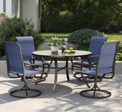 PHI VILLA 5 Piece Patio Dining Set with 4 Outdoor Swivel Dining Chairs & 1 Large Round Dining Table, All Weather Blue Textilene Mesh Fabric Chair and Round Metal Table for Deck Lawn Garden