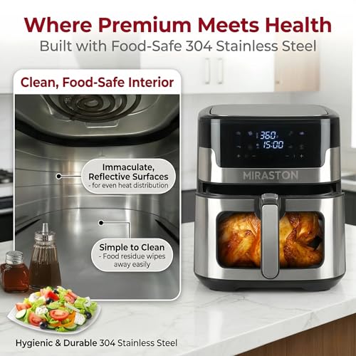MIRASTON 8.5QT Air Fryer with Visual Window, Large Family Size XL Airfryer with 8 Presets, Stainless Steel Oven for Fast Healthy Cooking, Reheat & Crisp, Dishwasher Safe, Gift Box Included