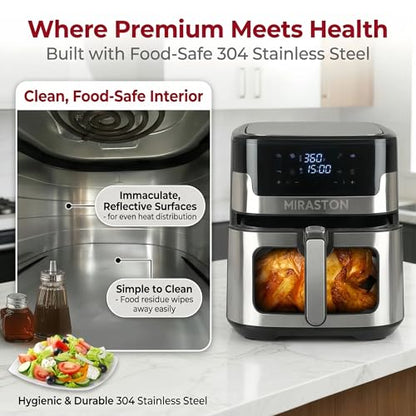 MIRASTON 8.5QT Air Fryer with Visual Window, Large Family Size XL Airfryer with 8 Presets, Stainless Steel Oven for Fast Healthy Cooking, Reheat & Crisp, Dishwasher Safe, Gift Box Included