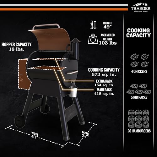 Traeger Grills Pro 22 Wood Pellet Grill & Smoker, Electric Pellet Smoker Grill Combo, 6-in-1 BBQ Versatility, 572 sq. in. Grilling Capacity, Meat Probe, 450 Degree Max Temperature, 18LB Hopper, Bronze