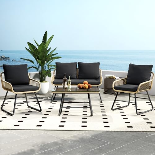 Yaheetech 4 Piece Patio Furniture Set, Outdoor Wicker Conversation Sets, Boho Loveseat & 2 Armchairs with Cushion and Pillow, Glass Top Table for Backyard, Porch, Balcony, Deck - Tan/Black