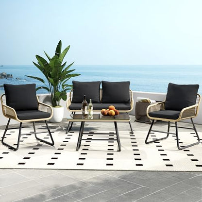 Yaheetech 4 Piece Patio Furniture Set, Outdoor Wicker Conversation Sets, Boho Loveseat & 2 Armchairs with Cushion and Pillow, Glass Top Table for Backyard, Porch, Balcony, Deck - Tan/Black