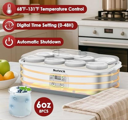 Suteck Yogurt Maker with 8 Glass Jars – Time & Temp Adjustable, Homemade Greek & Probiotic Yogurt, Automatic Shut-Off, BPA-Free, Total 48 oz, White