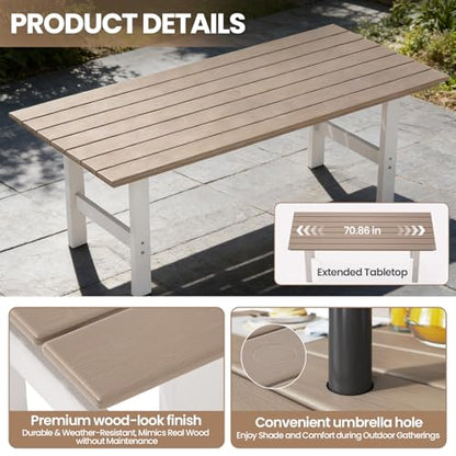 Polyhouz Outdoor Dining Set,7-Piece Patio Table and Chairs Set for 6, HDPE Outdoor Dining Table and Chairs with Umbrella Hole, All-Weather Patio Dining Furniture Set,White Brown