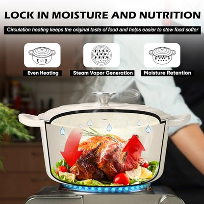 TeamFar 5Qt Dutch Oven, Enameled Cast Iron Dutch Oven with Lid & Dual Handles for Cooking Baking Braising Simmering, Healthy & Sturdy, Oven & Various Stovetops Safe, Non-stick & Easy Clean - Cream White