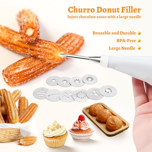 GAMKII Churro Maker Machine Stailness Steel Churrro Gun Kit with 4 Discs for Hollow Churro,5 Cookies Discs, 6 Icing Piping Nozzle, Piping Bag, 2 Clean Brushes for Cake Dessert DIY Maker Cookie Press