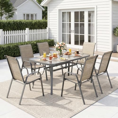 MAMIZO 7 Pieces Patio Dining Set for 6, Glass Table and Textilene Chairs