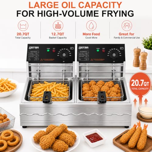 OSTBA Commercial Deep Fryer with Basket, 20.7QT Electric Deep Fryer, 3200W Stainless Steel Oil Fryer with Adjustable Temperature Control, Removable Oil Tank & Lid for Restaurant, Food Truck & Home