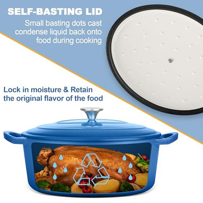 E-far 7QT Oval Dutch Oven Pot with Lid, Enameled Cast Iron Dutch Oven with Dual Handles for Sourdough Bread Baking Cooking, Nonstick Enamel Coated Cookware(Blue), Non-Toxic & Easy Clean