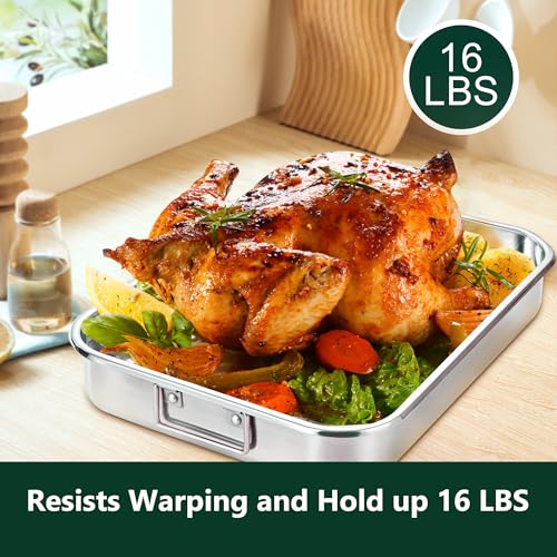 Stainless Steel Roasting Oven Pan: Roaster Pans With Rack & Handles 16.5 * 12.4 * 3 inches - Kitchen Baking Appliances for Turkey Chicken Beef - Kitchen Cookware Gifts for Women Homeowner