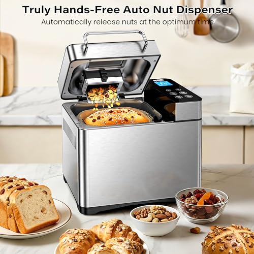 KBS Pro 710W 2LB Bread Maker, Stainless Steel 17-in-1 Smart Bread Machine with Healthy Ceramic Pan, Automatic Nut Dispenser, Tempered Glass Touch Panel, 3 Crust Colors, 15H Timer& Keep-Warm, Recipes