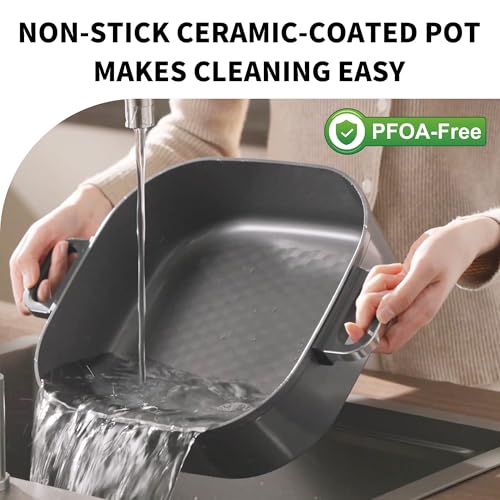 6-Quart Electric Skillet, Hot Pot | Non-Stick PFOA-Free Ceramic-Coated Pot, 1600W, Timer & 3 Power Settings for Steak, Egg, Ramen, Nonstick Pot
