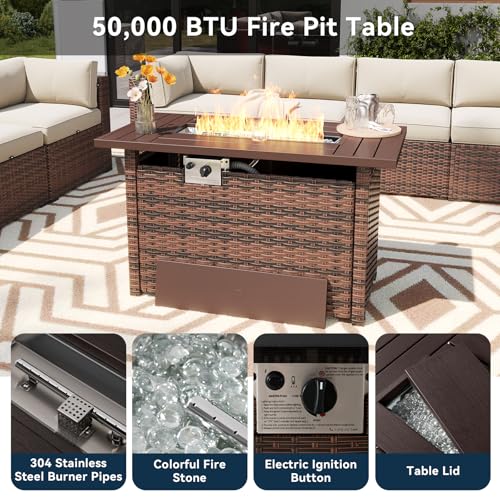 LazySunsets 12 Piece Outdoor Patio Furniture Set with 44'' Fire Pit Table, Outdoor Patio Furniture Sets with 4'' Thicken Cushion, Wicker Rattan Outdoor Conversation Set for Backyard & Garden, Beige