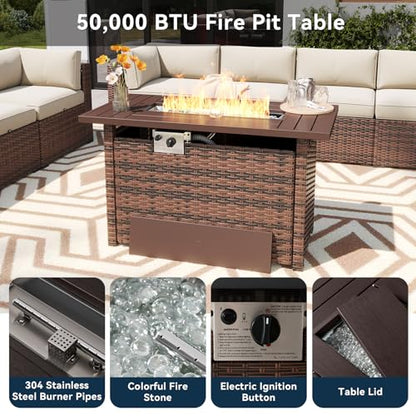 LazySunsets 12 Piece Outdoor Patio Furniture Set with 44'' Fire Pit Table, Outdoor Patio Furniture Sets with 4'' Thicken Cushion, Wicker Rattan Outdoor Conversation Set for Backyard & Garden, Beige