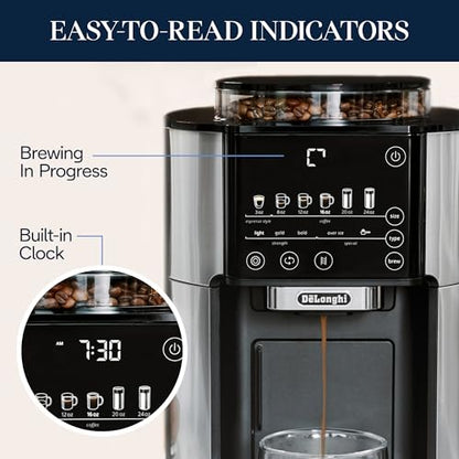 De'Longhi True Brew Drip Coffee Maker, Built in Grinder, Single Serve, 8 oz to 24 oz, Hot or Iced Coffee, Stainless, CAM51025MB