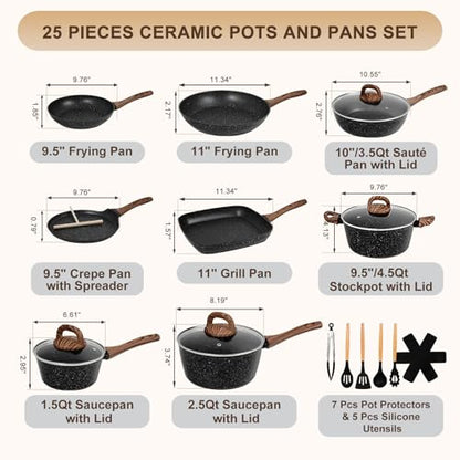 EWFEN Nonstick Pots and Pans Set, 25-Piece Ceramic Cookware Set, Induction Kitchen Cooking Set with Frying Pans Saucepans & Utensils, Healthy Non-toxic, PFAS/PTFE/PFOA Free, Black