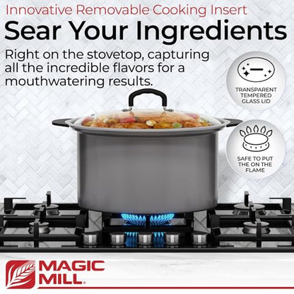 Magic Mill Slow Cooker 10 Quart | Extra Large Non-Stick Metal Searing Pot & Transparent Tempered Glass Lid Multipurpose Lightweight Slow Cookers, Pot is Safe to Put the On the Flame, Dishwasher Safe