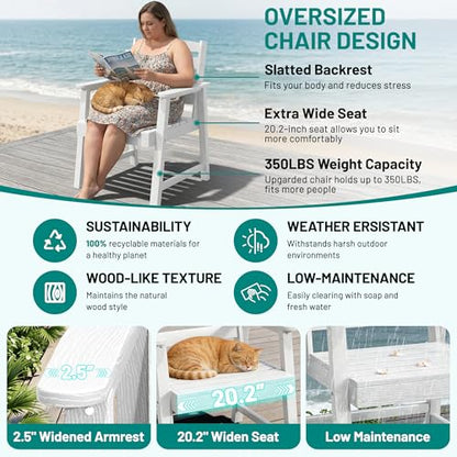 PLUUV 7-Piece Outdoor Patio Dining Set, All-Weather HDPE Dining Furniture Set with Umbrella Hole Cut-Out Table, Aluminum Table Legs, and 6 Chairs, Waterproof & Easy Clean for Backyard, Garden, White