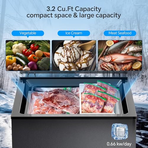 Kismile 3.2 Cubic Feet Chest Freezer with 2 Removable Basket Free Standing Top Open Door Compact Freezer with Adjustable Temperature for Home/Kitchen/Office/Bar