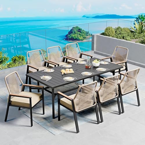 SUNSHINE VALLEY 9pc Patio Dining Set, 83" Metal Table & 8 Rattan Chairs