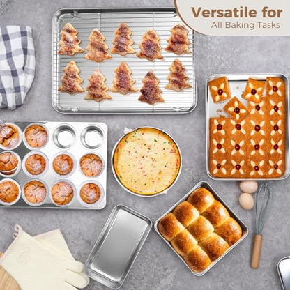 E-far 9-Piece Baking Pan Set, Stainless Steel Bakeware Sets for Sheet Cake Cookie Loaf Muffin, Include Baking Sheet, Round Square Rectangle Baking Pan & Cooling Rack, Dishwasher Safe