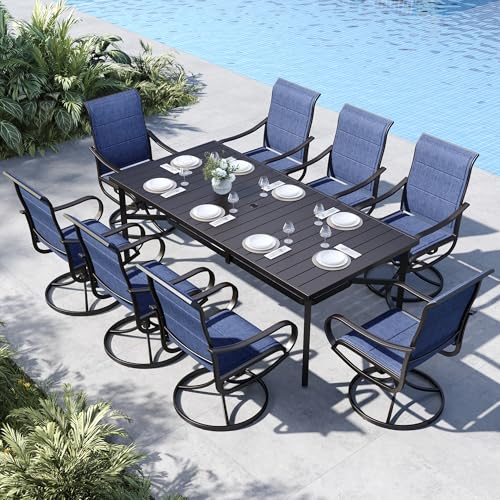 MFSTUDIO Patio Dining Set for 8, Outdoor Table and Chairs Set with Umbrella Hole, 9 Piece Patio Furniture Dining Set for Deck Yard Poolside