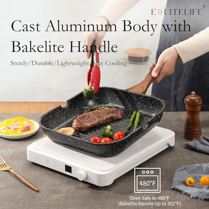 ESLITE LIFE 9.5 Inch Nonstick Grill Pan with Lid for Indoor Cooking, Versatile Induction Square Large Grilling Skillet Steak Pan for Stove Tops, PTFE & PFOA Free, Black