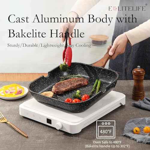 ESLITE LIFE 11 Inch Nonstick Grill Pan with Lid for Indoor Cooking, Versatile Induction Square Large Grilling Skillet Steak Pan for Stove Tops, PTFE & PFOA Free, Black