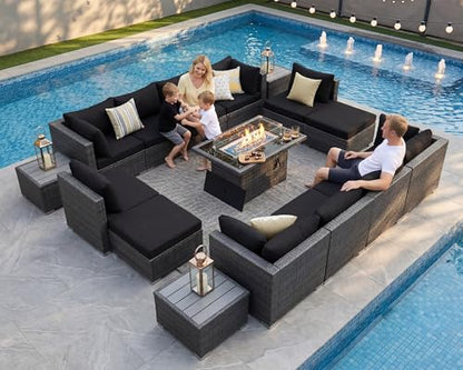 NICESOUL 15 Piece Outdoor Sectional with Fire Pit Table, Modern Luxury Patio Deep Seating w/Firepit, 29.3'' High-Back Wicker Couch Thick, Big High-Weight Capacity Sofa for Terrace, Yard, Gray & Black