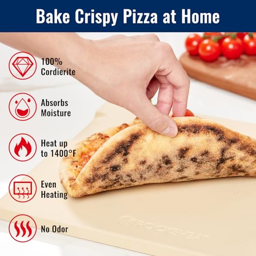 ROCKSHEAT Pizza Stone for Oven and Grill, 15x12 Inch Cordierite Baking Stone with 4 Built-in Handles, 7.4lbs Heavy Duty Thermal Shock Resistant for Crispy Crust Pizza Bread Cookies BBQ