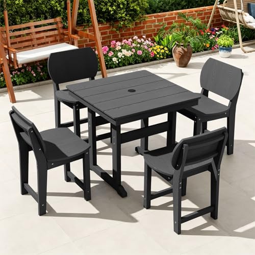 BIVODA 5-Piece HDPE Outdoor Dining Set, Weatherproof Patio Table and Chairs Set for 4, Includes 1 Square Table and 6 Armless Chairs, with Umbrella Hole (Black)
