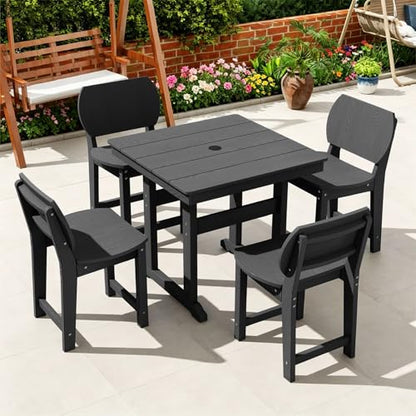 BIVODA 5-Piece HDPE Outdoor Dining Set, Weatherproof Patio Table and Chairs Set for 4, Includes 1 Square Table and 6 Armless Chairs, with Umbrella Hole (Black)
